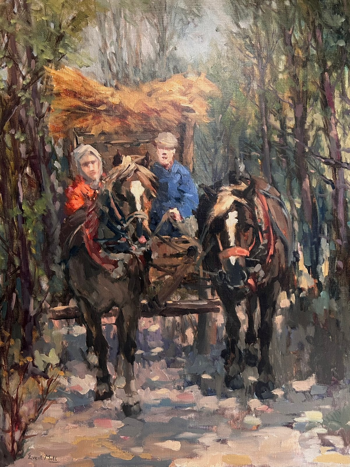 Prachtig Impressionistisch Schilderij: Paarden met Kar, Doek, Impressionistisch, Ophalen of Verzenden, Handgeschilderd