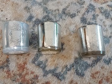 Set van 3 glazen waxinelichthouders met print, Gebruikt, Waxinelichthouder, Ophalen of Verzenden, Glas