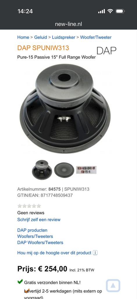 DAP Pure-15 Passive 15" Full Range Woofer, Ophalen of Verzenden, Nieuw, Subwoofer, Overige merken