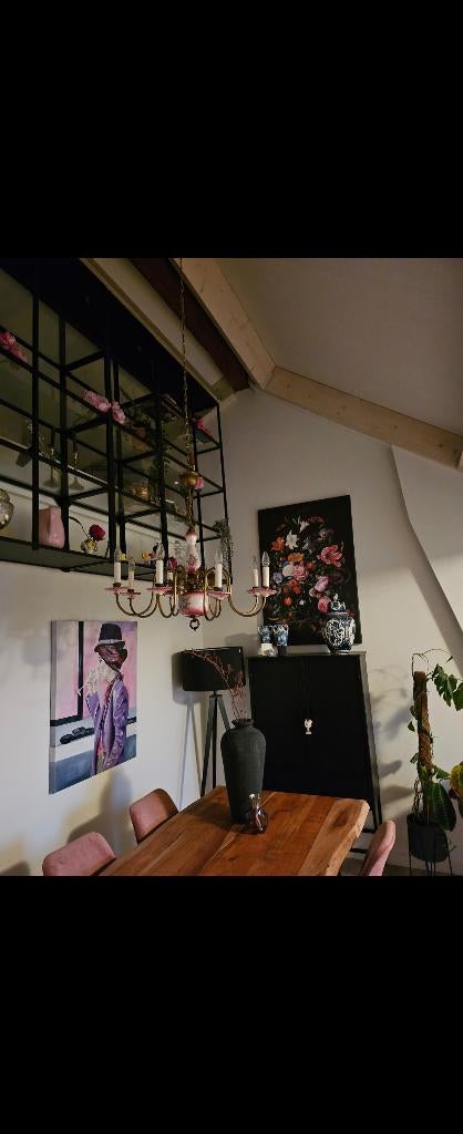 Vintage Franse kroonluchter – messing met porselein, Ophalen, Gebruikt, Vintage Franse brocante kroonluchter met porselein