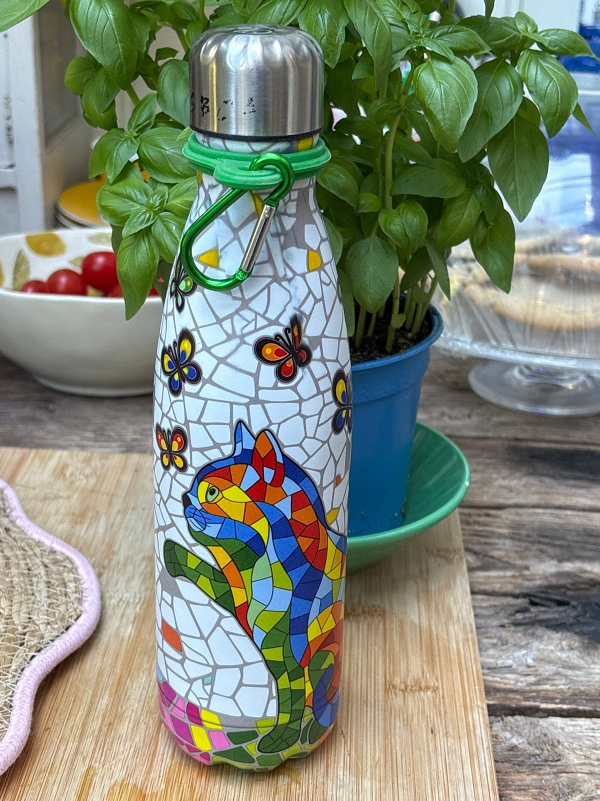 Kleurrijke waterfles met katten- en vlindermotief, Meerkleurig, Ophalen of Verzenden, Zo goed als nieuw, Metaal