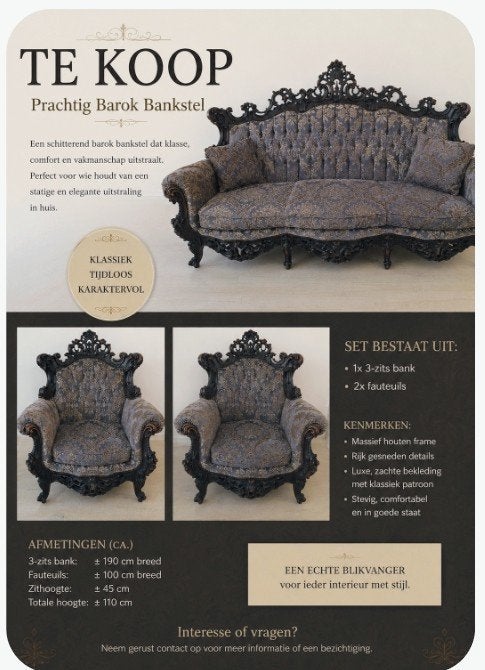 Bankstel barok, Huis en Inrichting, Banken | Bankstellen, Ophalen, Barok, 100 tot 125 cm, Zo goed als nieuw