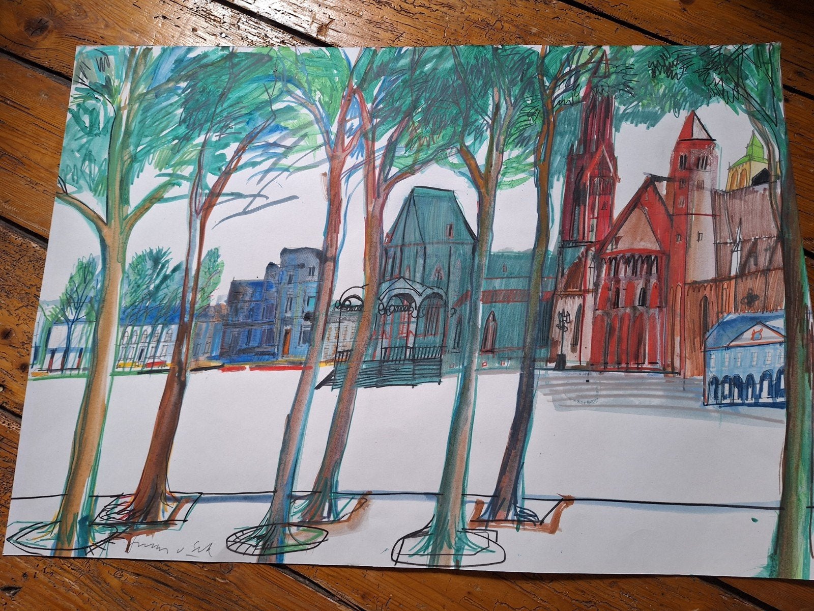 Tekening Guus van Eck - Vrijthof Maastricht, Ophalen of Verzenden, Tekening, Gemengde techniek, Origineel