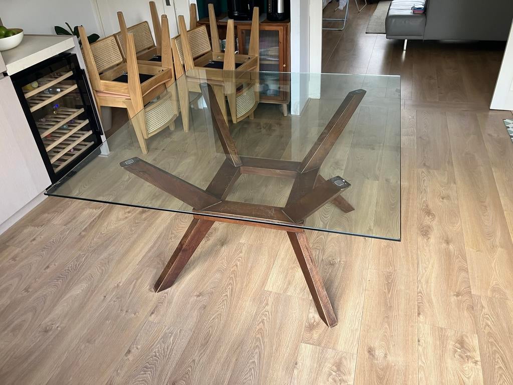 Glazen eettafel met houten onderstel, Ophalen, 100 tot 150 cm, Vierkant, Vier personen