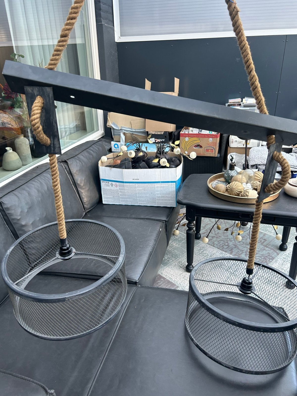 Grote hanglamp met touw en metalen kappen, Ophalen, Gebruikt, Metaal