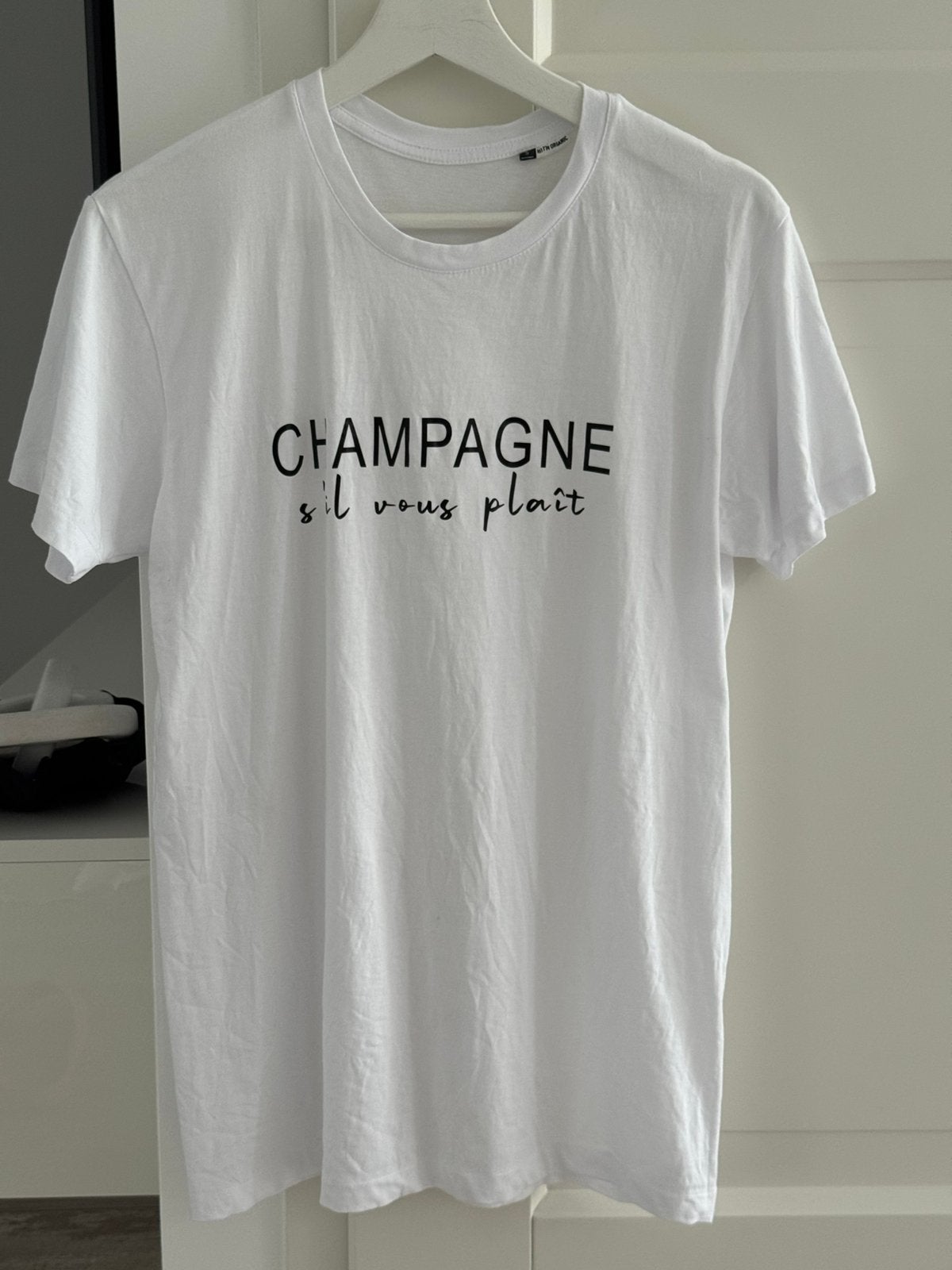 Champagne S’il Vous Plaît T-Shirt maat S, Ophalen, Beige, Zo goed als nieuw, Korte mouw