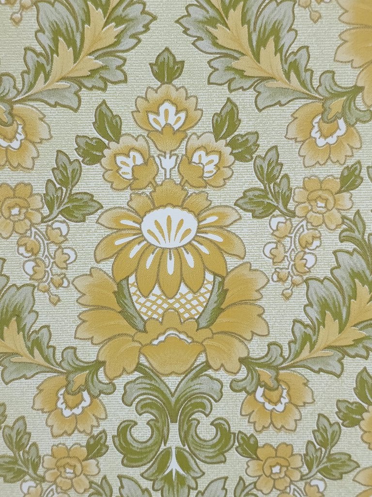 5428 vintage barok behang mosterd bloemen groen beige swiet, Ophalen of Verzenden, Beige