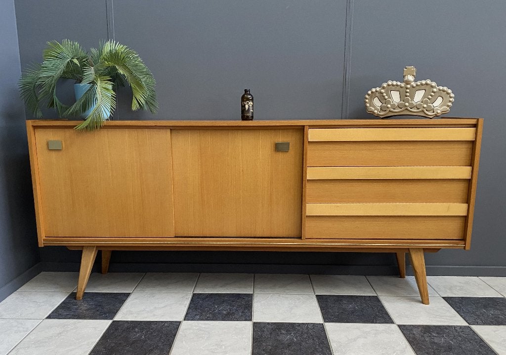 60 jaren licht hout Groot dressoir 2m breed 3 la 2 schuif, Ophalen, Gebruikt, 150 tot 200 cm, Vintage