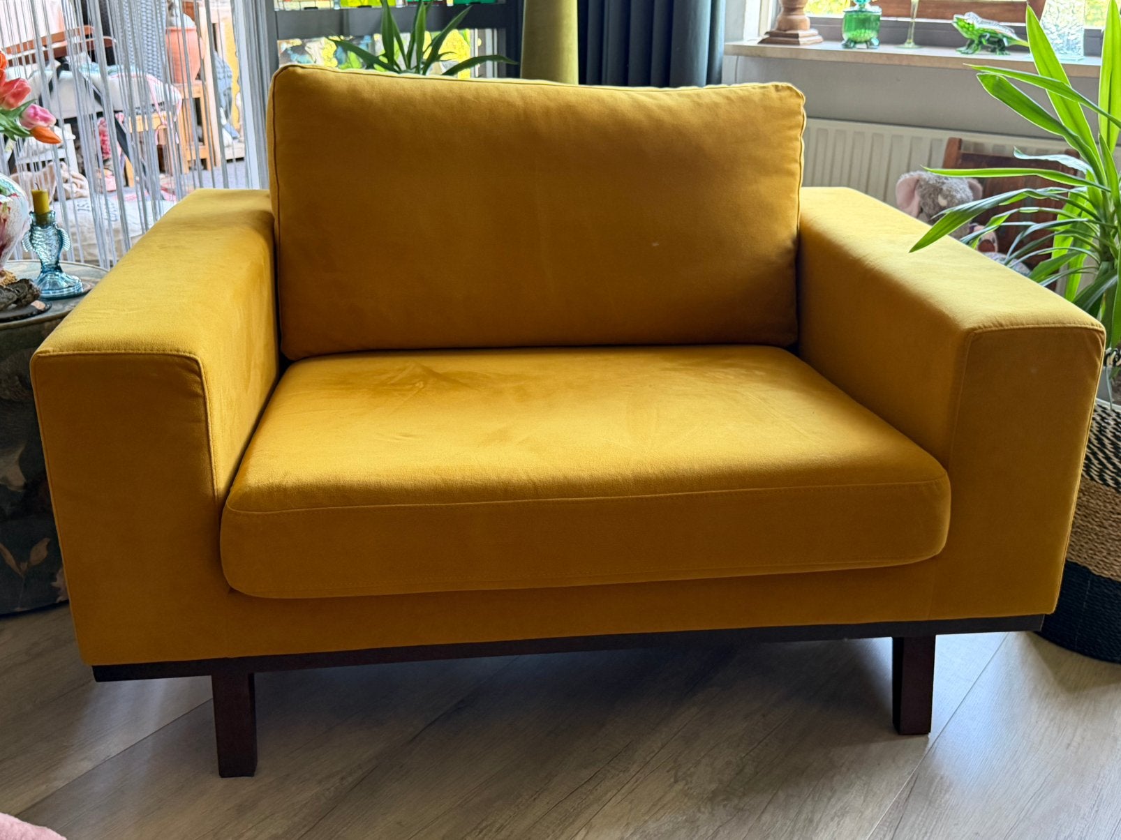 LoveSeat - Okergeel Velours, Ophalen, Zo goed als nieuw, 75 tot 100 cm, Stof