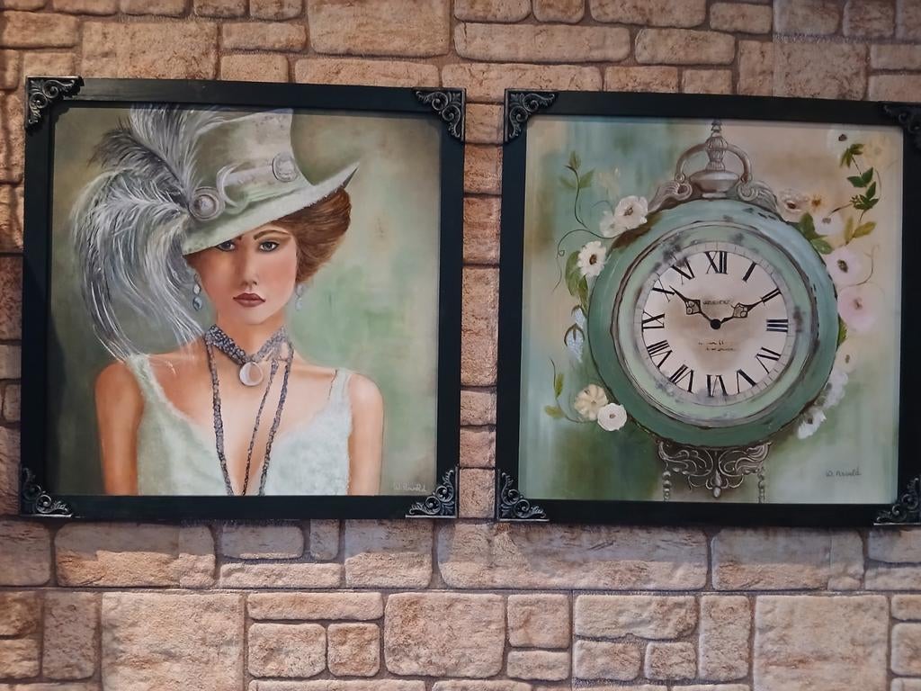 Handgeschilderde tweeluik in mooie baroklijst, Huis en Inrichting, Woonaccessoires | Schilderijen, Tekeningen en Foto's, Ophalen
