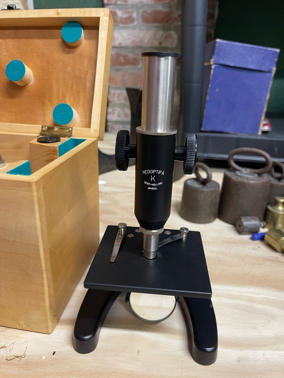 NEDOPTIFIA K Microscop Zeist-Holland met houten kist, Ophalen of Verzenden, Gebruikt, 400x tot 1000x, Biologische microscoop