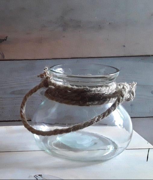 Stoere glazen pot - bloempot met touw - nieuw, Overige materialen, Rond, Ophalen of Verzenden, Binnen