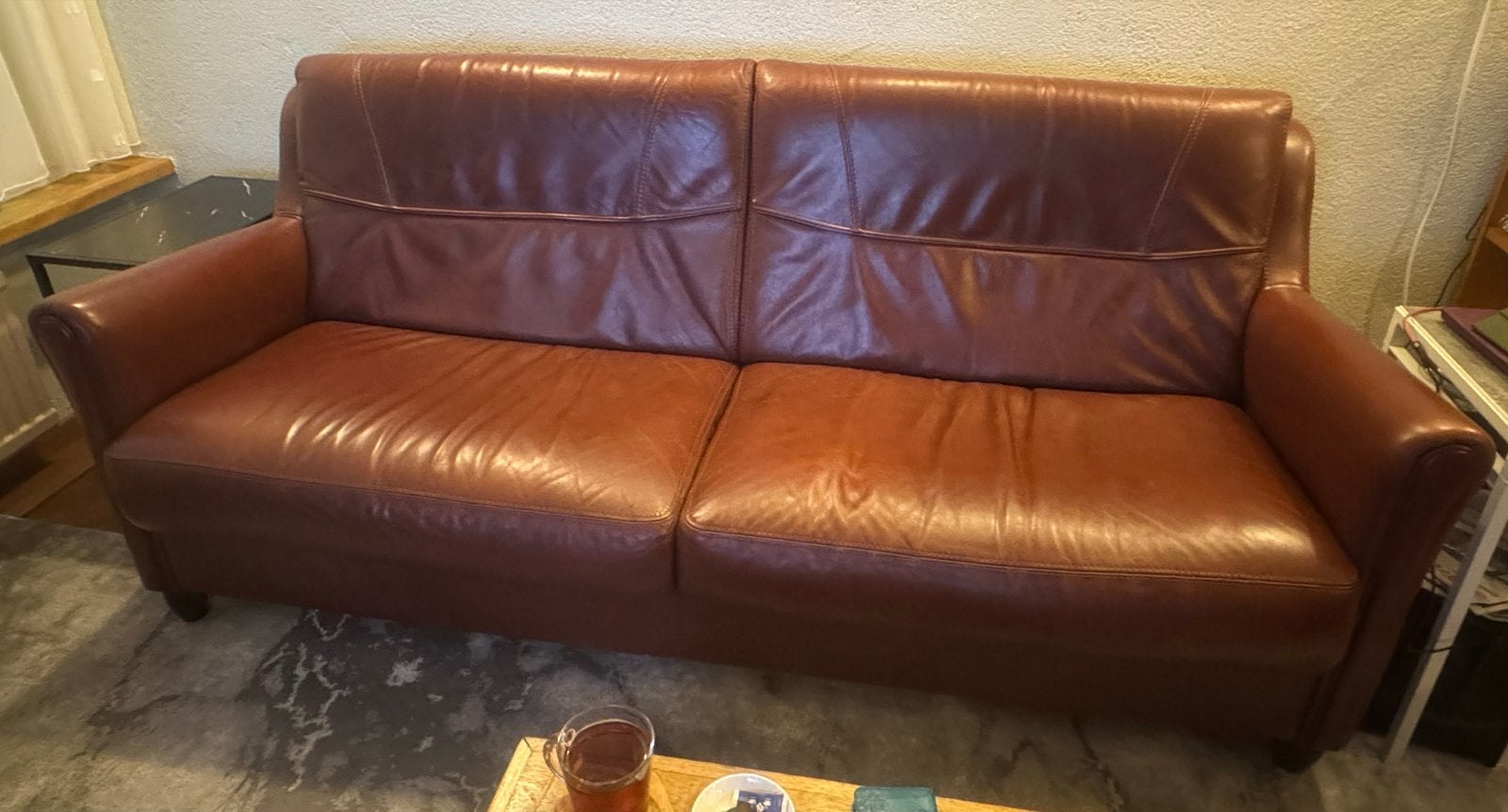 Morres meubel Lederen 3-zitsbank met 2 fauteuils, Ophalen, Gebruikt, Driepersoons, Rechte bank