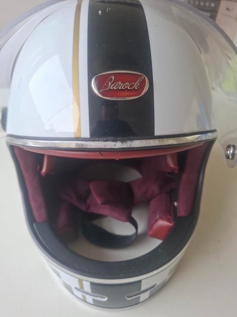 Barock Retro Scooter/Motorhelm - Wit met Strepen - Maat L (5, Fietsen en Brommers, Brommerhelmen, Ophalen of Verzenden