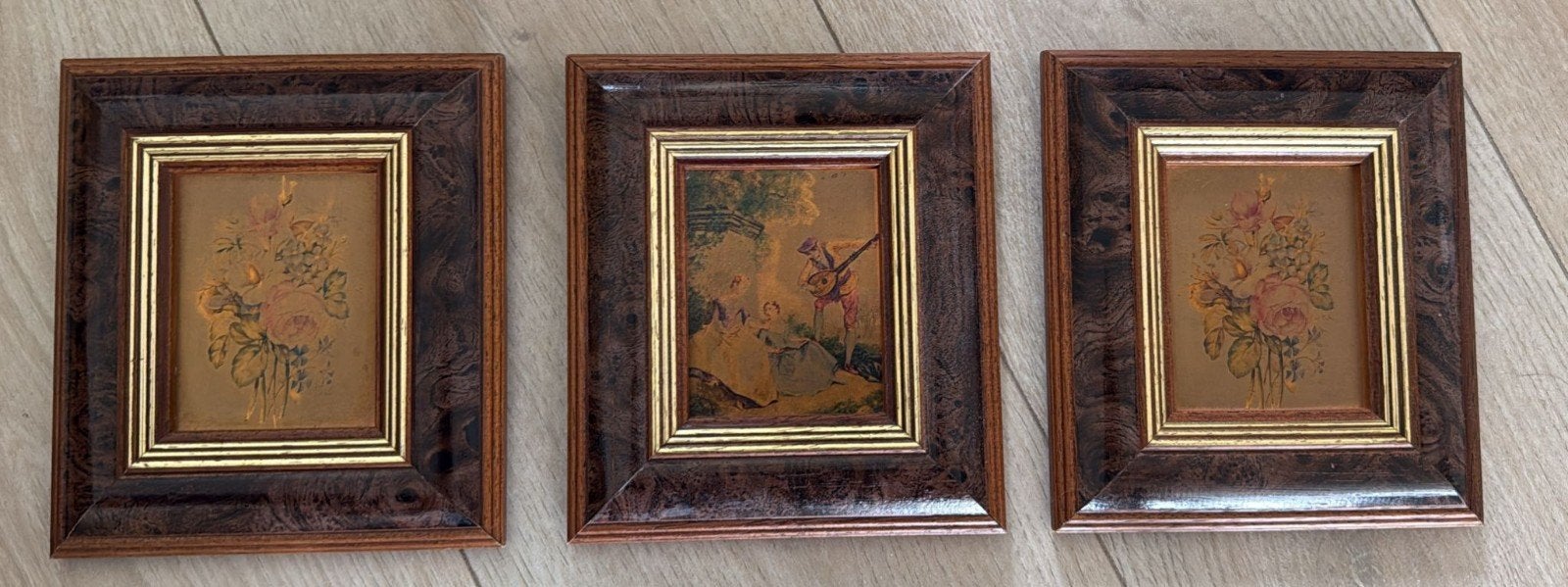 Set van 3 Vintage Miniatuur Schilderijen in Houten Lijst, Antiek en Kunst, Ophalen of Verzenden