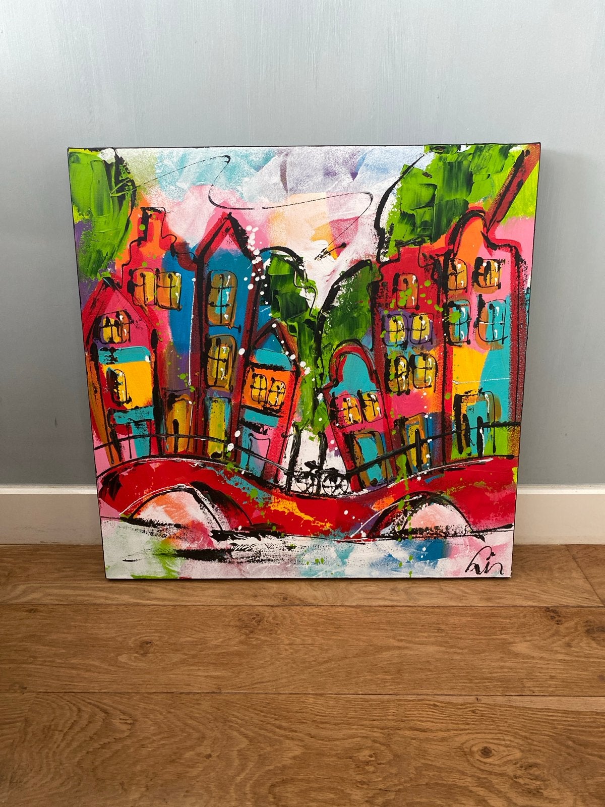 Schilderij Liz - 'Le pont rouge' / 'Cidade do amor', Antiek en Kunst, Ophalen, Acrylverf, Handgeschilderd, Stadsgezicht