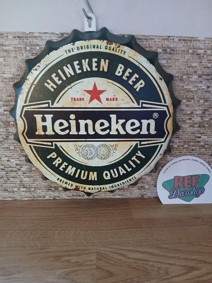 metalen bierdop doorsnede 30 cm, Heineken beer, Ophalen of Verzenden, Nieuw, Reclamebord, Plaat of Schild, Heineken