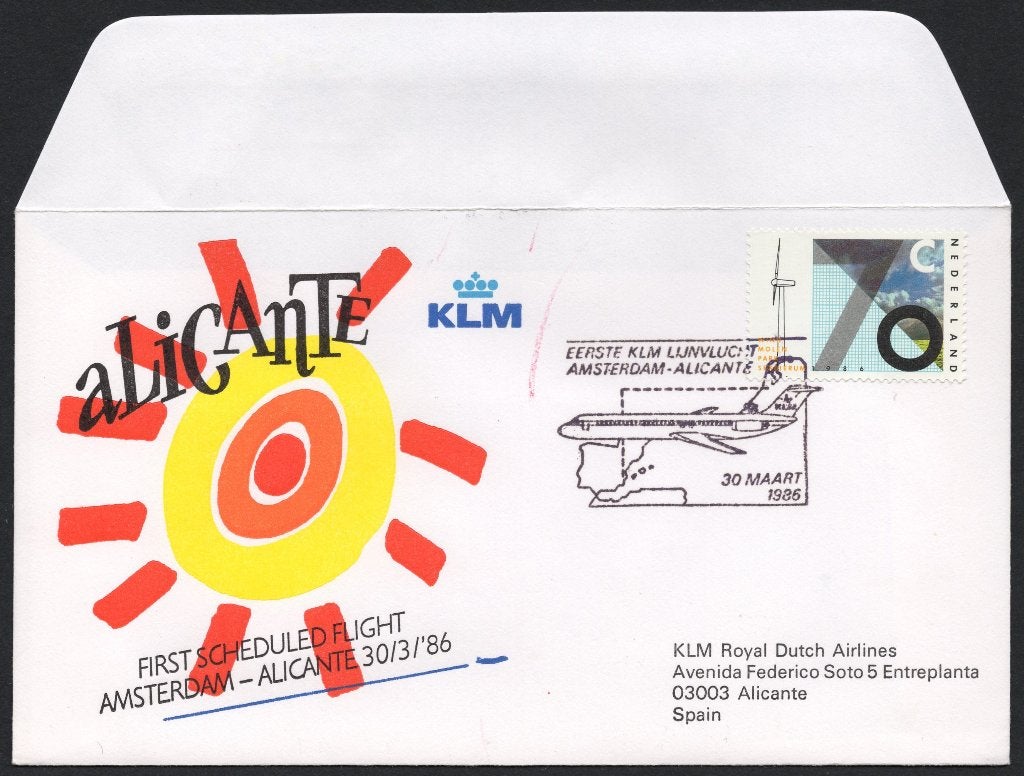 1e KLM vlucht Alicante Spanje 1986, Verzenden, Envelop