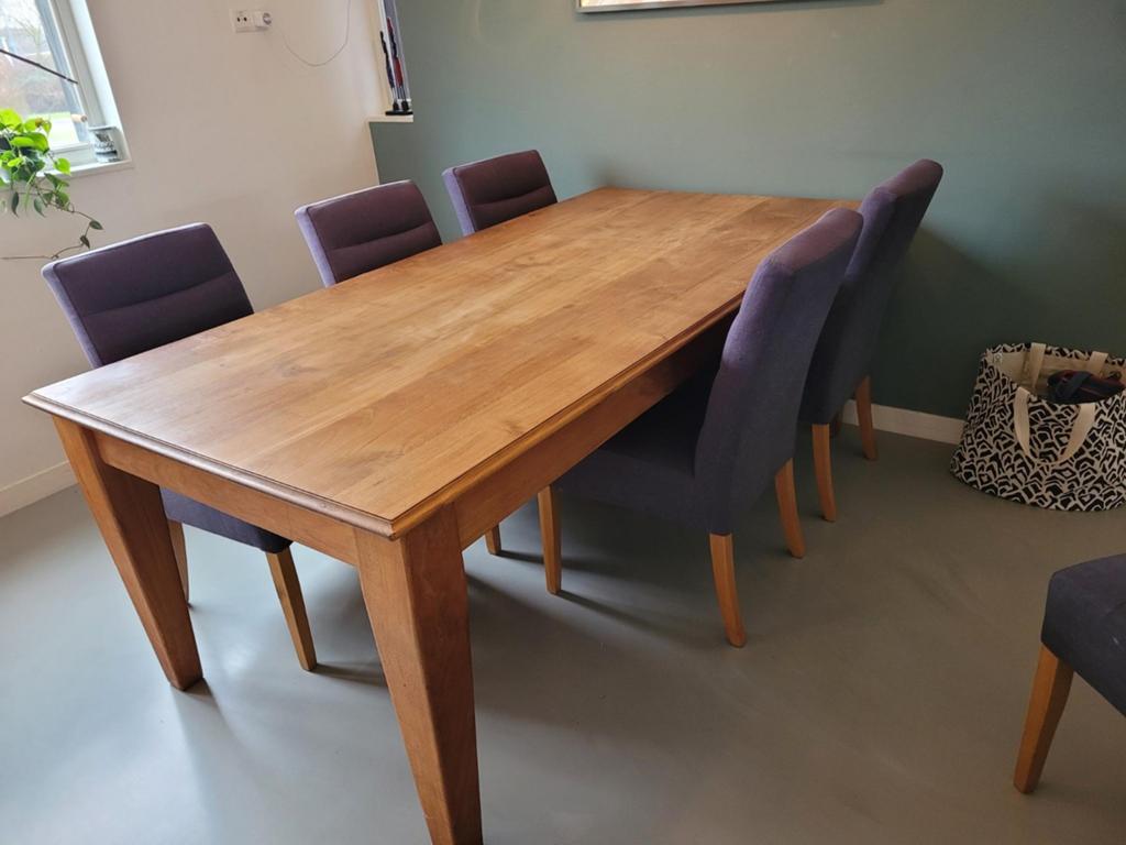 Stevige houten eettafel 210 x 90 cm, Ophalen, Gebruikt, Teakhout, 200 cm of meer