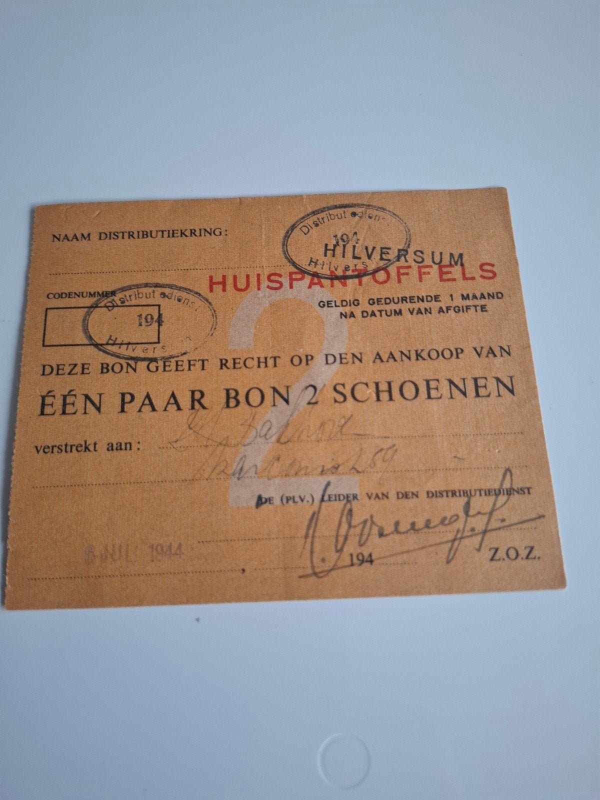 Schoenenbon Hilversum document wo2 1944, Ophalen of Verzenden, Nederland, Boek of Tijdschrift