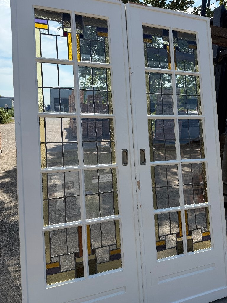 Set schuif / en-suite deuren met glas in lood 216x145cm., Antiek en Kunst, Curiosa en Brocante, Ophalen