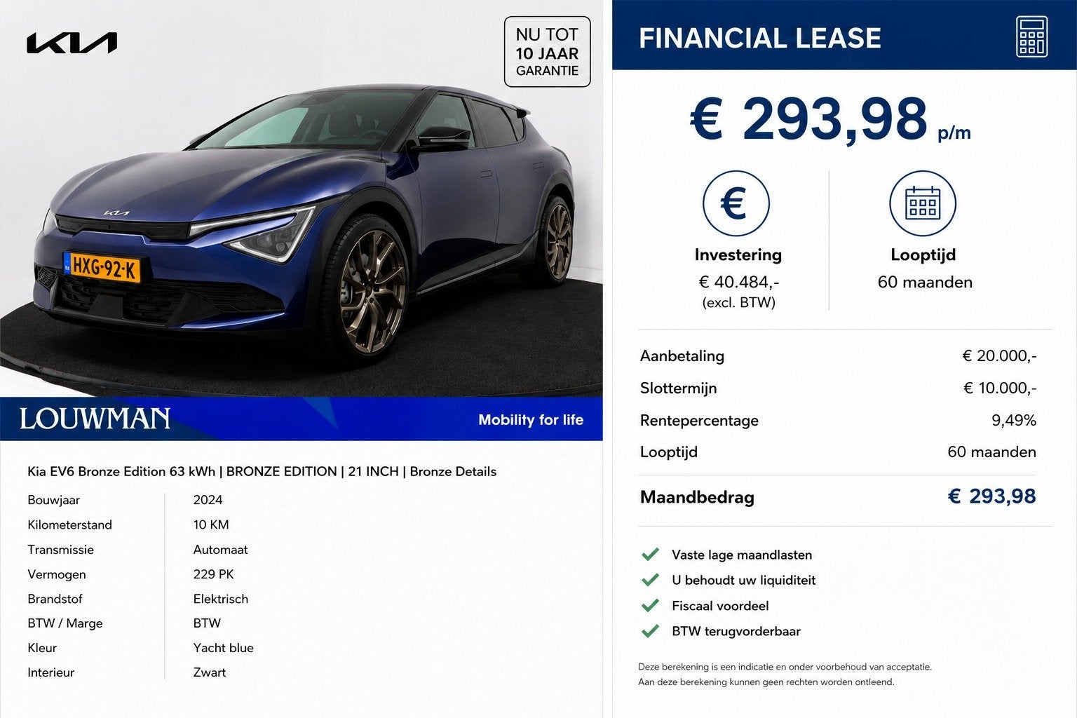 Kia Ev6 Bronze Edition 63 kWh | BRONZE EDITION | 21 INCH | B, Automaat, 12 maanden, Achterwielaandrijving, Blauw