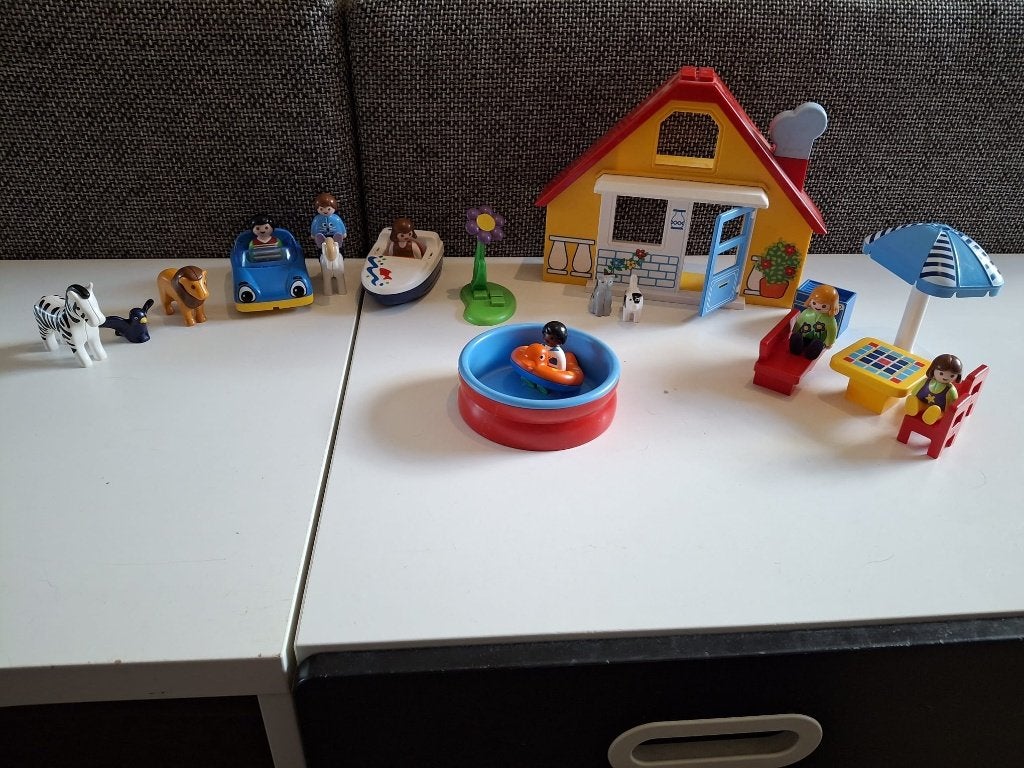 Playmobil 1.2.3 vakantiehuis + zwembad, auto, boot en dieren, Ophalen, Gebruikt, 1.2.3, Complete set