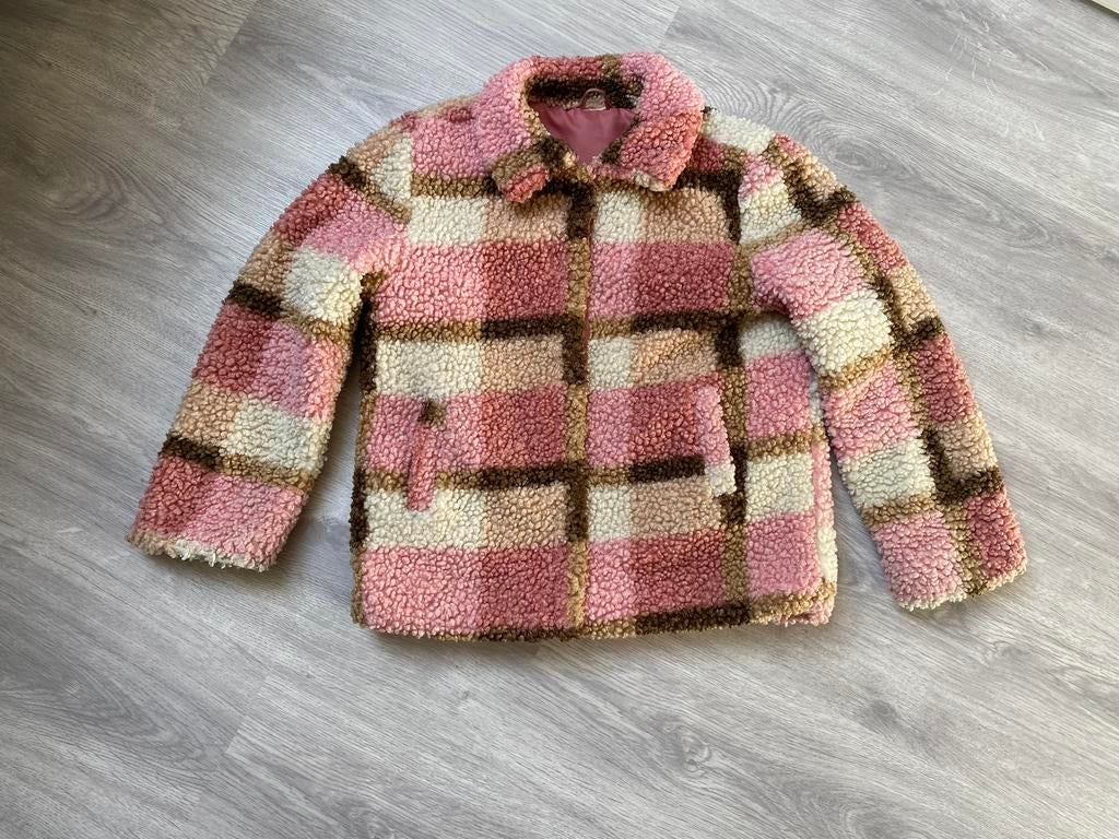 Roze geblokte fluffy winterjas, Ophalen of Verzenden, Gebruikt, Meisje, Jas