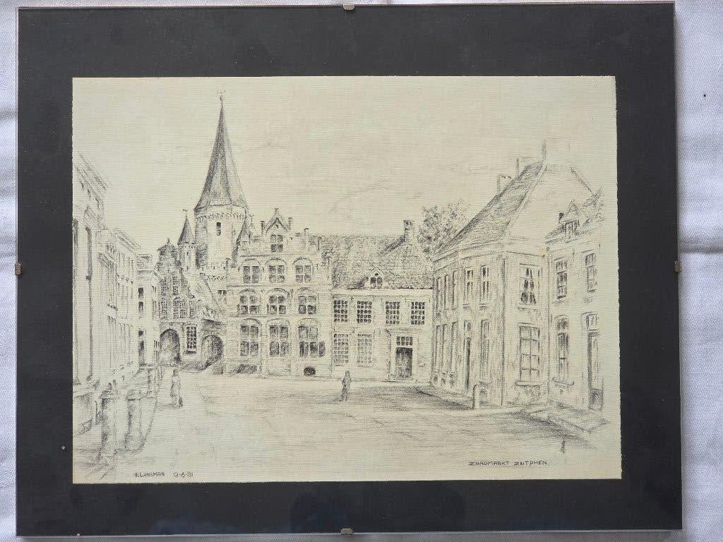 Potloodtekening 9: ZUTPHEN, Zaadmarkt, ges. F. Landsman, Ophalen of Verzenden, Tekening, Potloodtekening, Achter glas