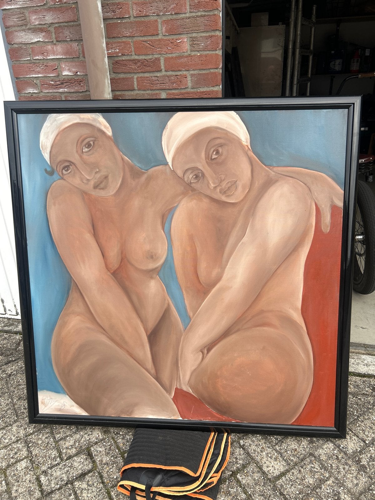 Olieverfschilderij naakte vrouwen in lijst, gesigneerd, Ophalen, Figuren, Overige materialen, Gesigneerd