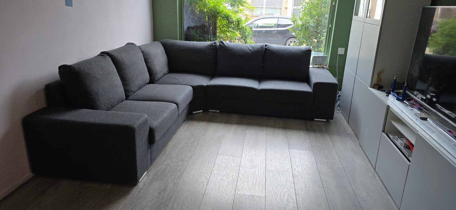 Grijze antraciet hoekbank, 280 x 280, Ophalen, 250 tot 300 cm, Hoekbank, Zo goed als nieuw