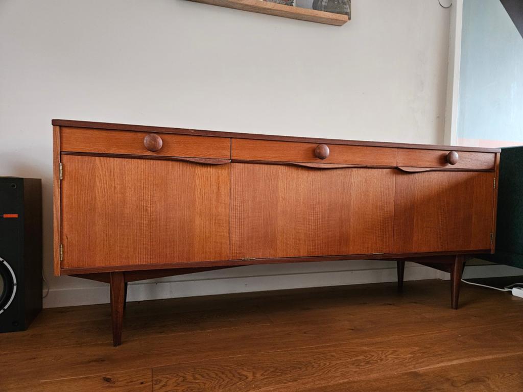 Vintage mid century teak dressoir, Gebruikt, Met deur(en), 150 tot 200 cm, Ophalen of Verzenden