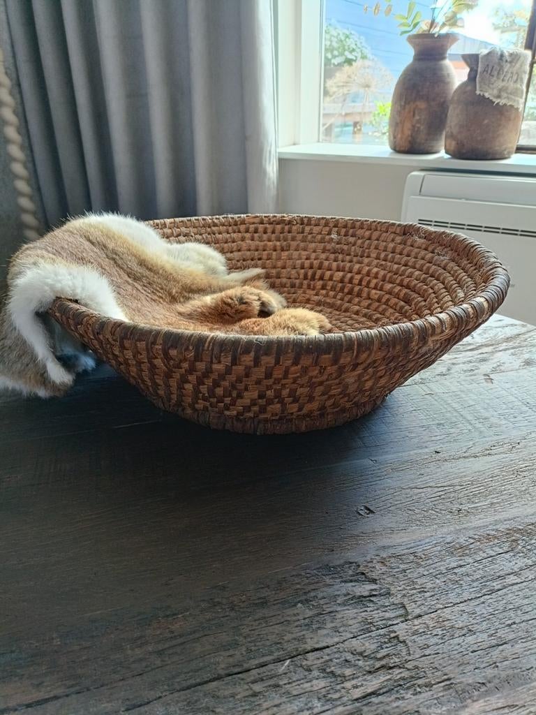 Handgeweven rotan mand - Sober, landelijk., Huis en Inrichting, Woonaccessoires | Schalen en Manden, Gebruikt, Mand, Rond, Ophalen of Verzenden