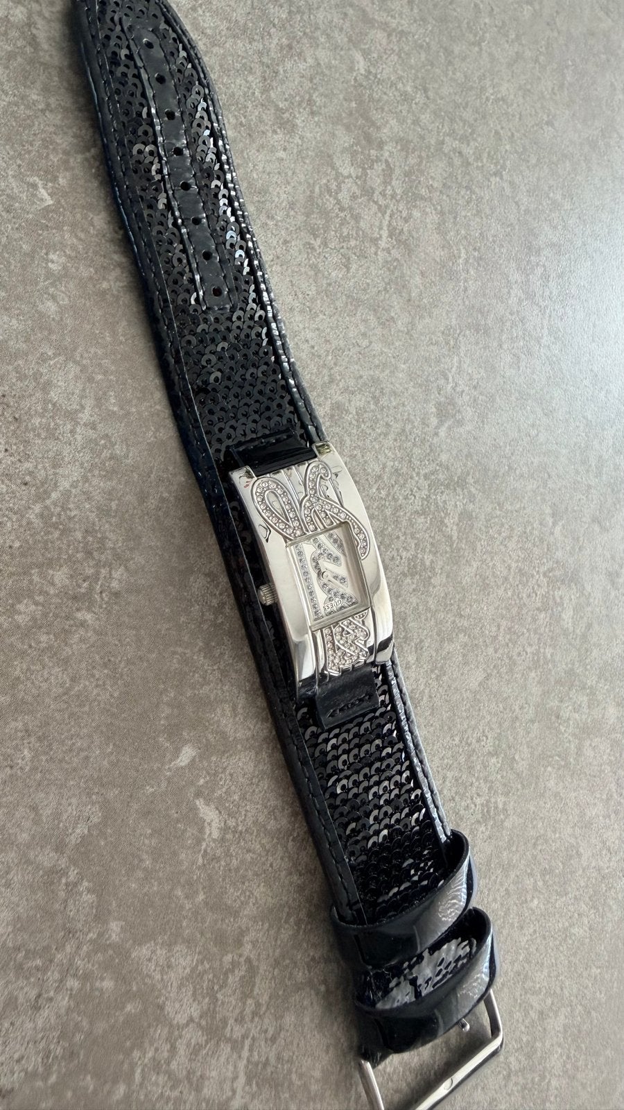 Guess Dames Horloge met Zwarte Pailletten Band, Staal, Guess, Polshorloge, Ophalen of Verzenden