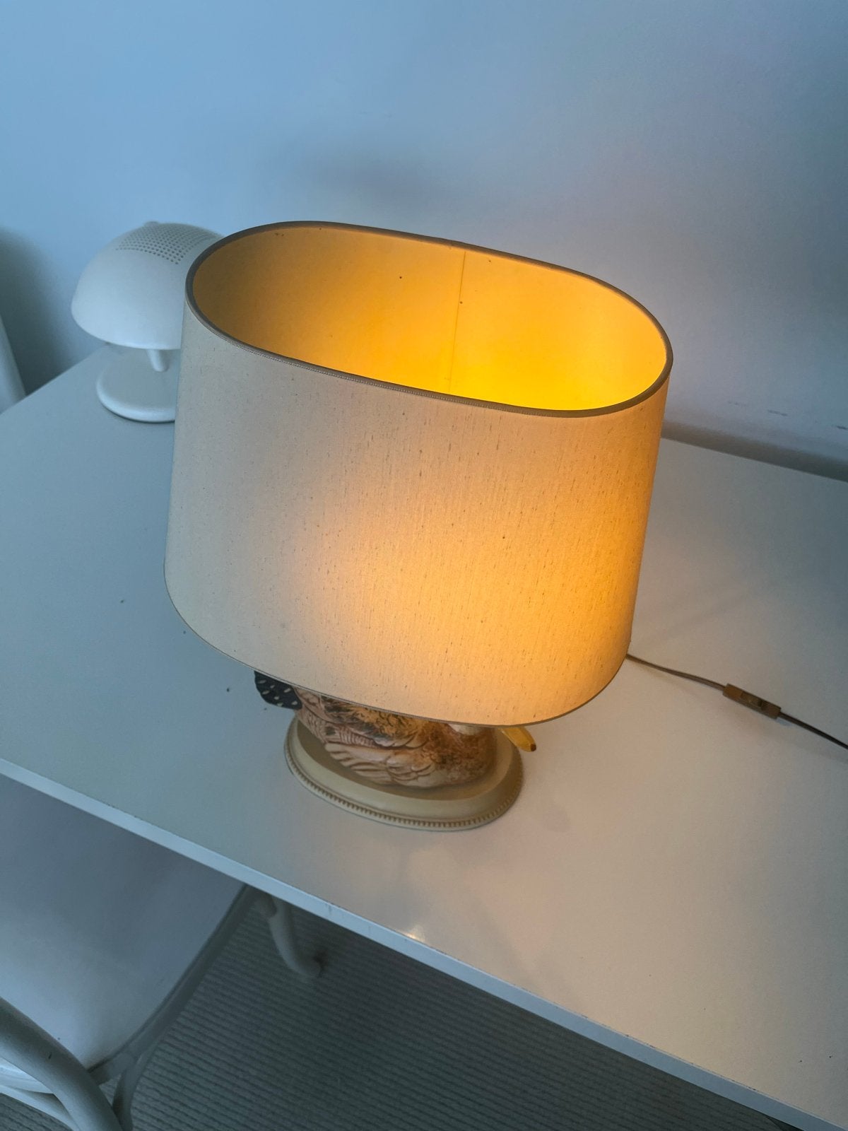 Vintage tafellamp met eendenvoet en stoffen kap, Ophalen of Verzenden