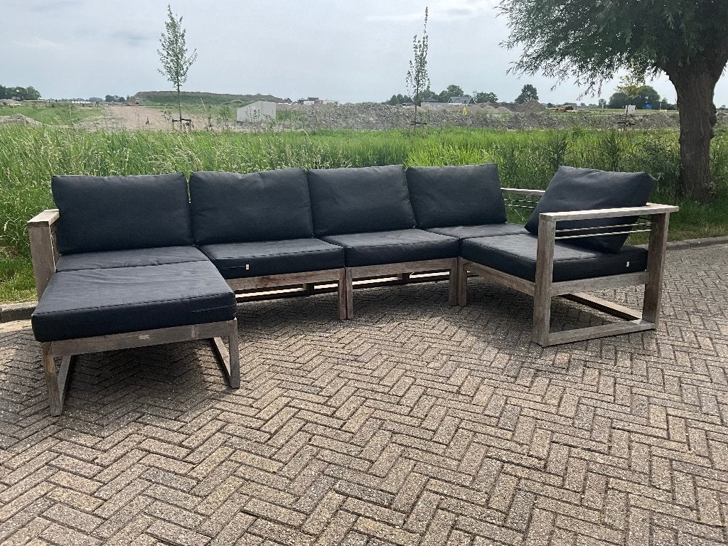 Life Lounge set teak met zwarte kussens, Ophalen, Gebruikt, Bank, 6 zitplaatsen