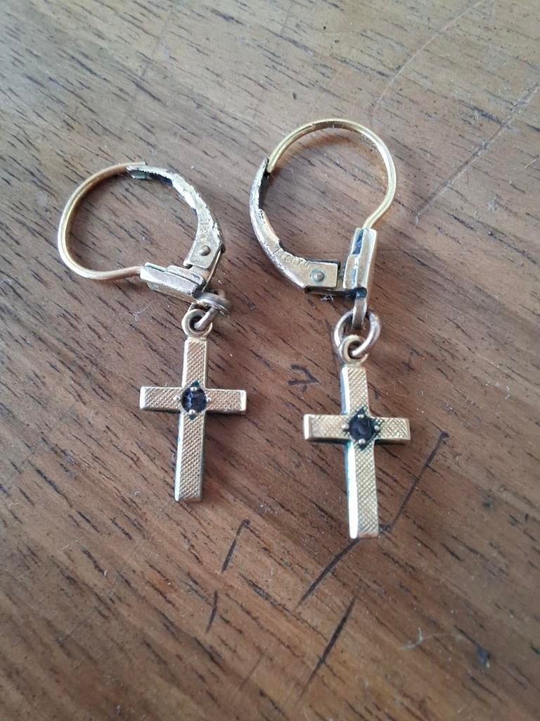 Vintage Kordes and Lichtenfels K&L 14ct rg kruis oorbellen, Ophalen of Verzenden, Goud, Goud, Hangers