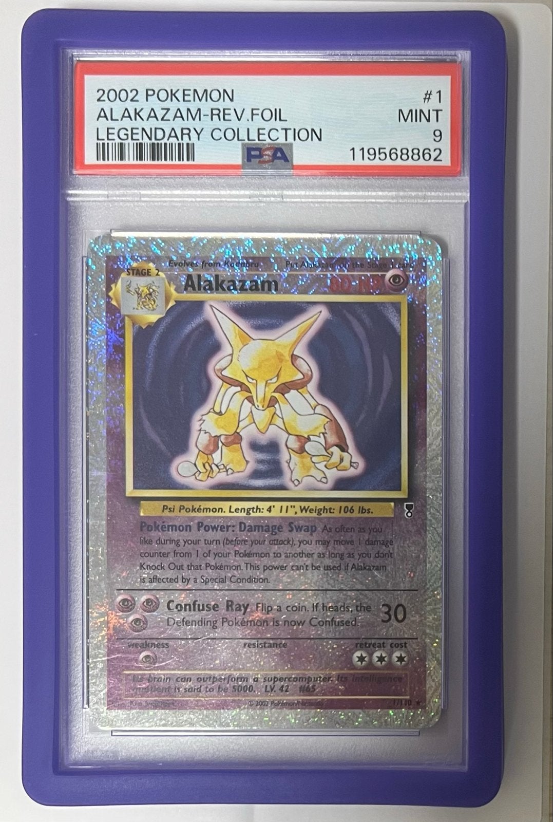Alakazam 1/110 - Reverse Foil - Legendary Collection - PSA 9, Ophalen of Verzenden, Zo goed als nieuw, Losse kaart, Foil
