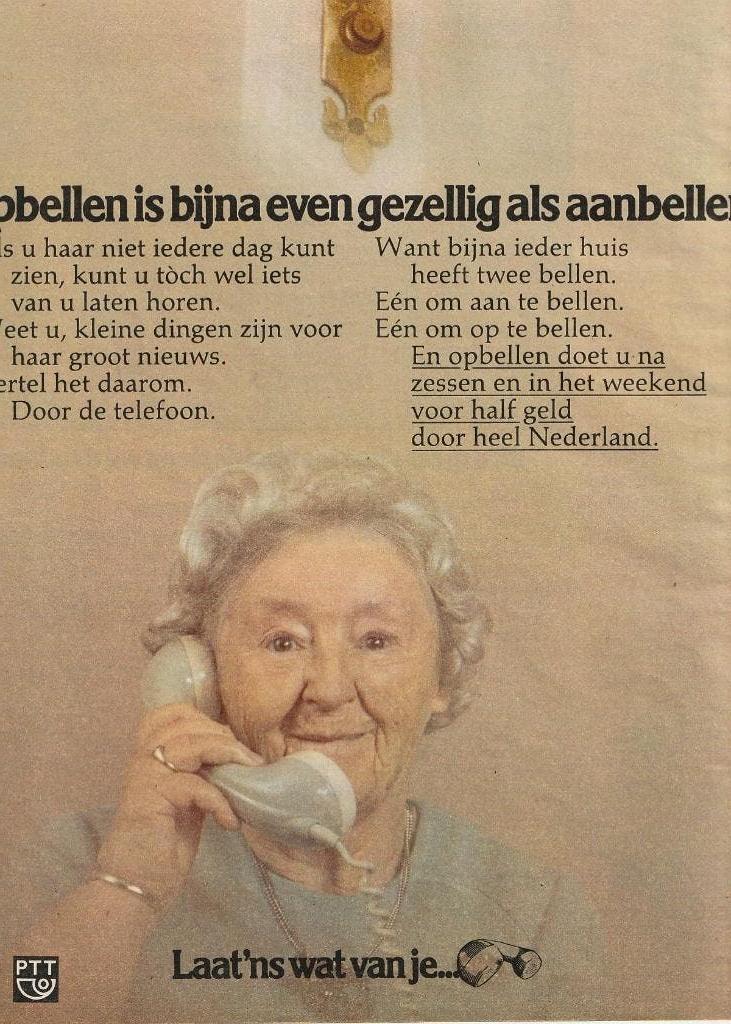 Retro reclame 1976 PTT telecommunicatie bellen met oma, Verzenden, Overige typen