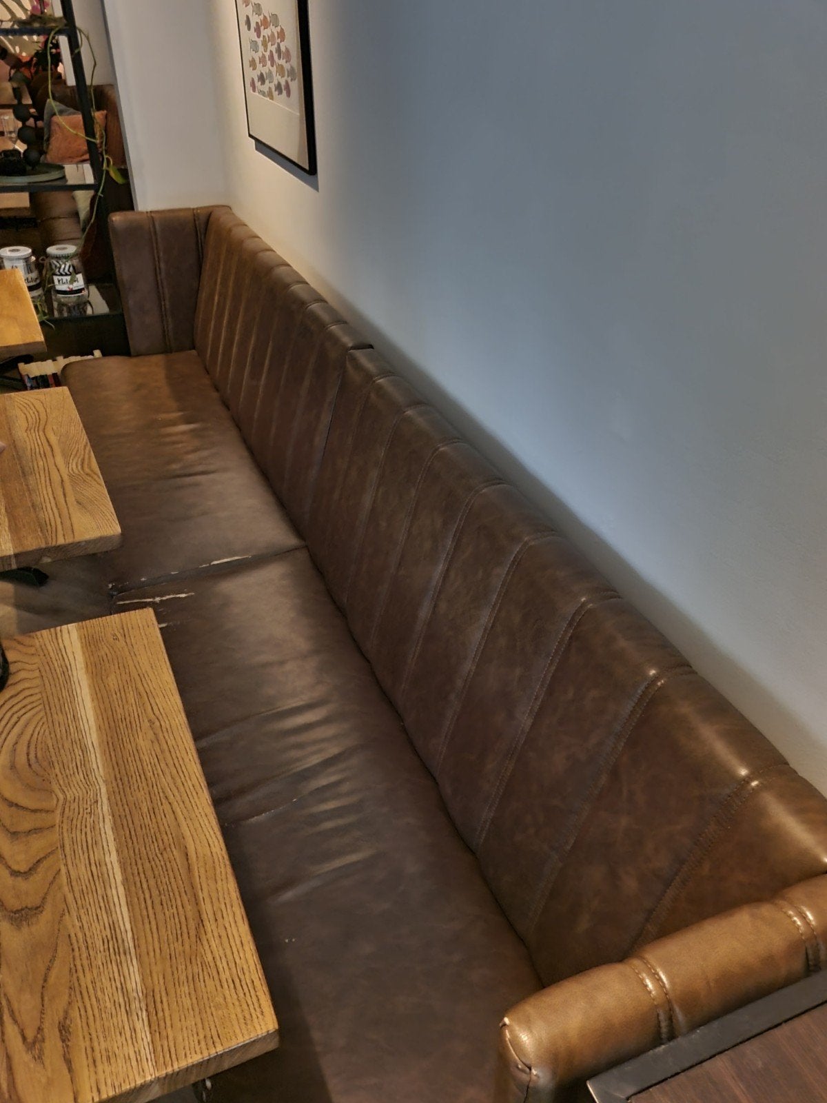 Lange bruine bank met hoekelement - Gebruikt, Ophalen, Gebruikt, Leer, Klassiek, Horeca