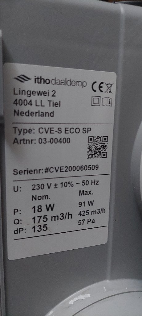 Itho Daalderop CVE-S ECO SP Ventilator met montage materiaal, Ophalen of Verzenden, Gebruikt, Ventilator