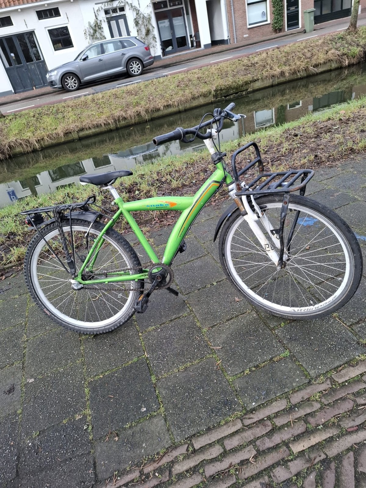 Stoere groene kinderfiets met bagagedrager, Ophalen, Gebruikt, Velgrem