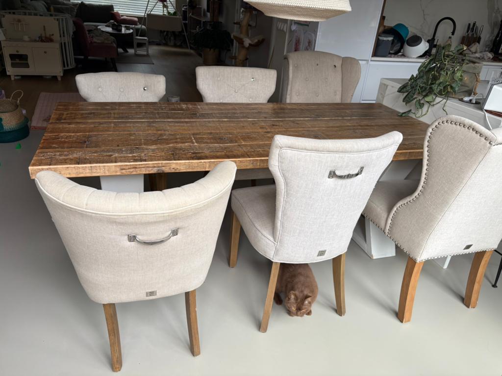 Zes Riviera Maison stoelen & steigerhouten eettafel, ook los, Ophalen, 100 tot 150 cm, Zo goed als nieuw, 150 tot 200 cm
