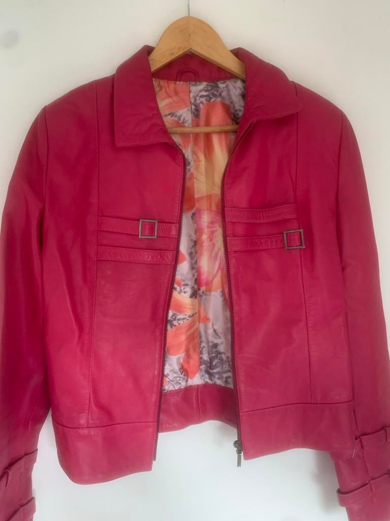 Silvano Leren Jasje - Fuchsia met Bloemenprint Voering, Ophalen of Verzenden, Zo goed als nieuw, Maat 38/40 (M), Roze