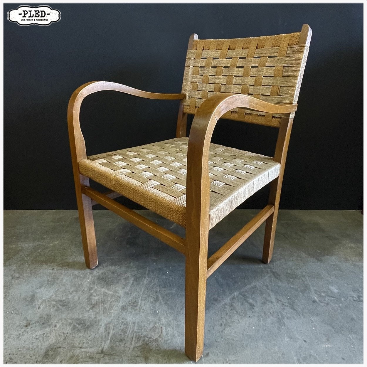 Fauteuil van gebogen hout touw stijl Dieckman Touwstoel 1950, Ophalen, Vintage Jaren 50 Japandi Scandi Stijl van Dieckman, Gebruikt