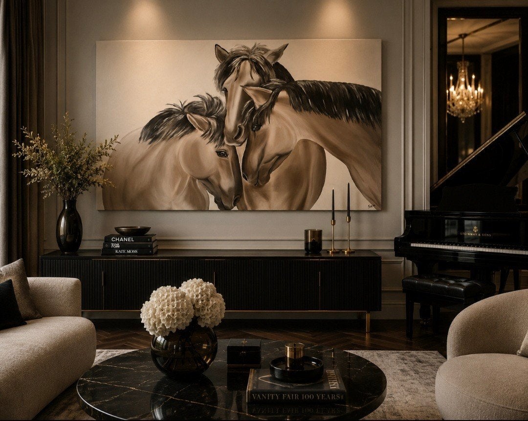 Handgemaakt olieverf schilderij 'Paardenfamilie' 120x80cm, Ophalen of Verzenden, Ophangklaar, Olieverf, Dieren