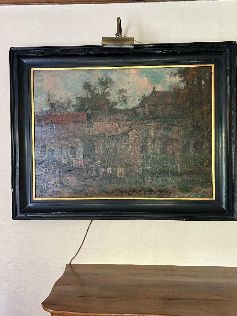 Oud Hollands dorpsgezicht olieverfschilderij, Antiek en Kunst, Kunst | Schilderijen | Klassiek, Ophalen, Overige stijlen, Doek