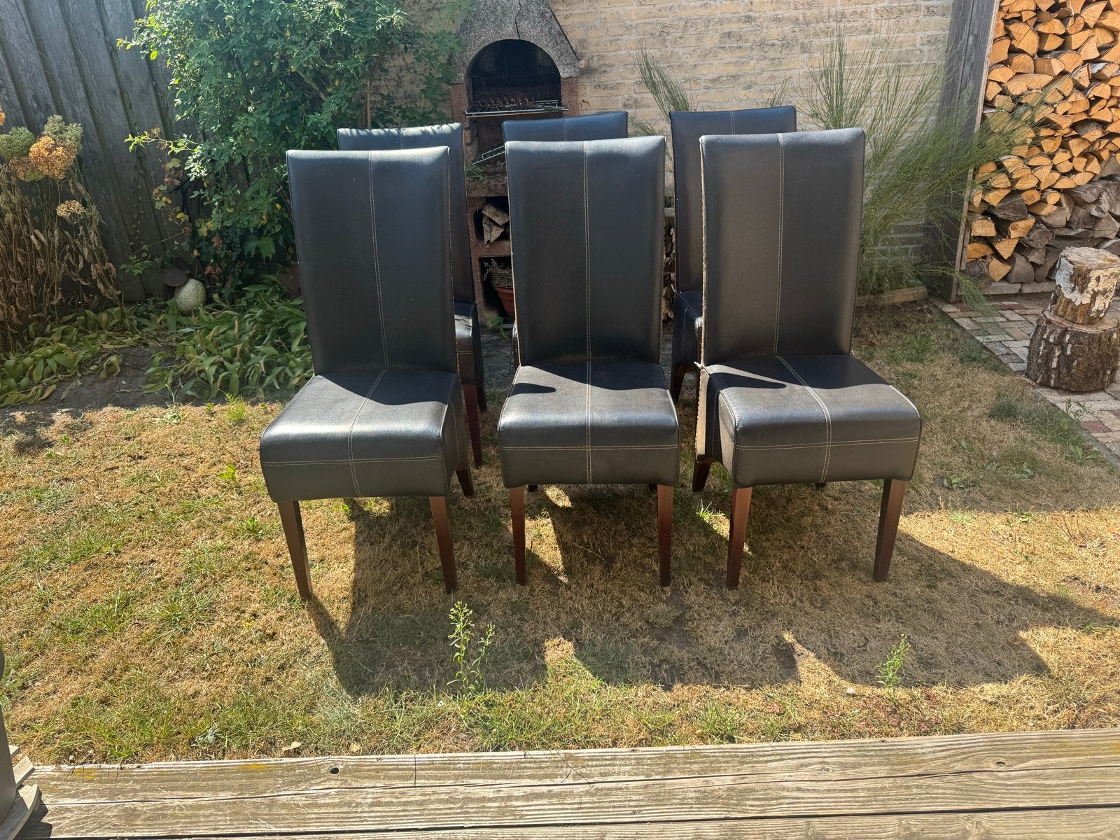 6x Eetkamerstoelen - Zwart leer met rotan rugleuning, Ophalen, Gebruikt, Zwart, Leer
