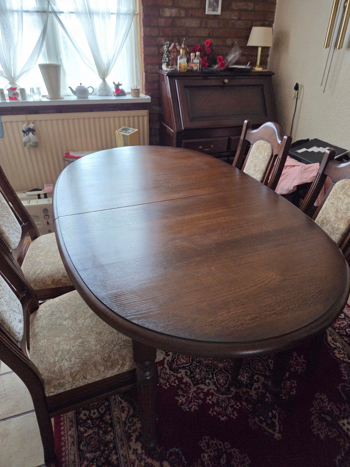 Antieke Uitschuifbare eettafel met 4 stoelen 160x100x87cm, Gebruikt, 100 tot 150 cm, Ophalen of Verzenden, Vijf personen of meer