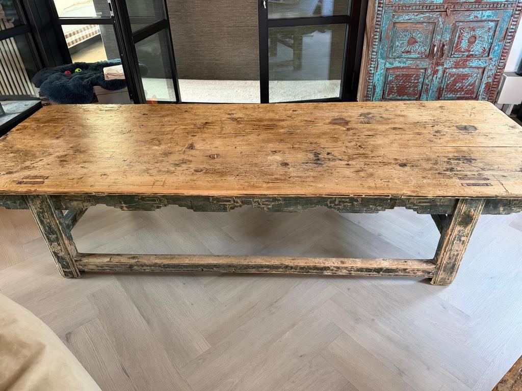 Robuuste houten tafel - 260x95x55 cm, Ophalen, Gebruikt, 50 tot 75 cm, 200 cm of meer